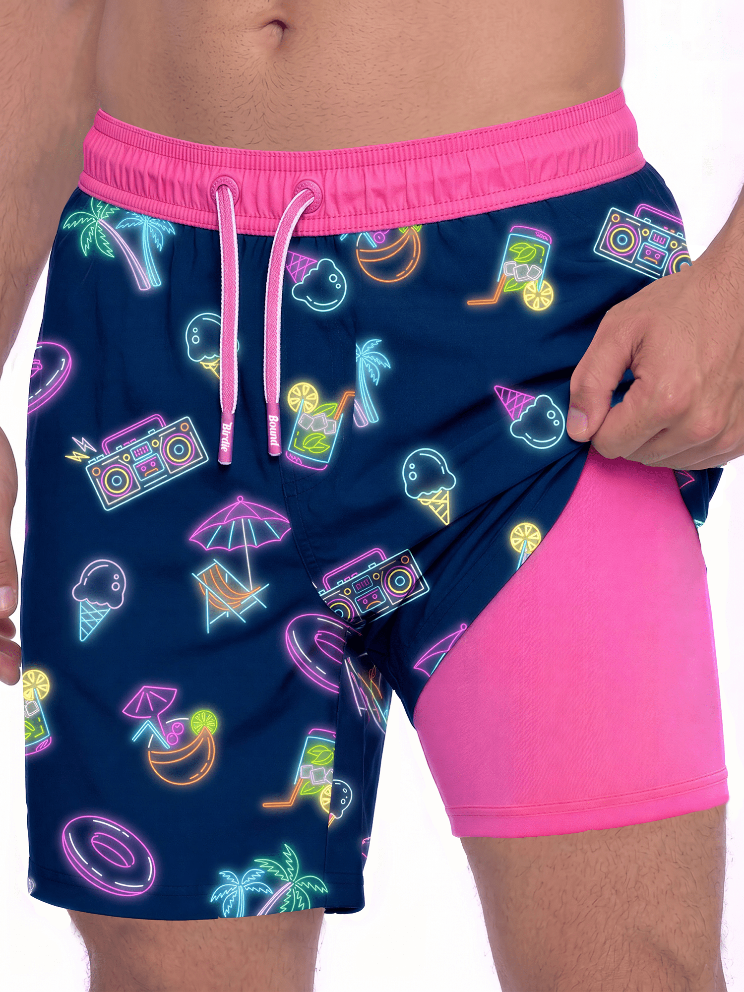 Birdie Bound Men's Printed Neon Pool Party Swim Trunks, Sizes S-3XL