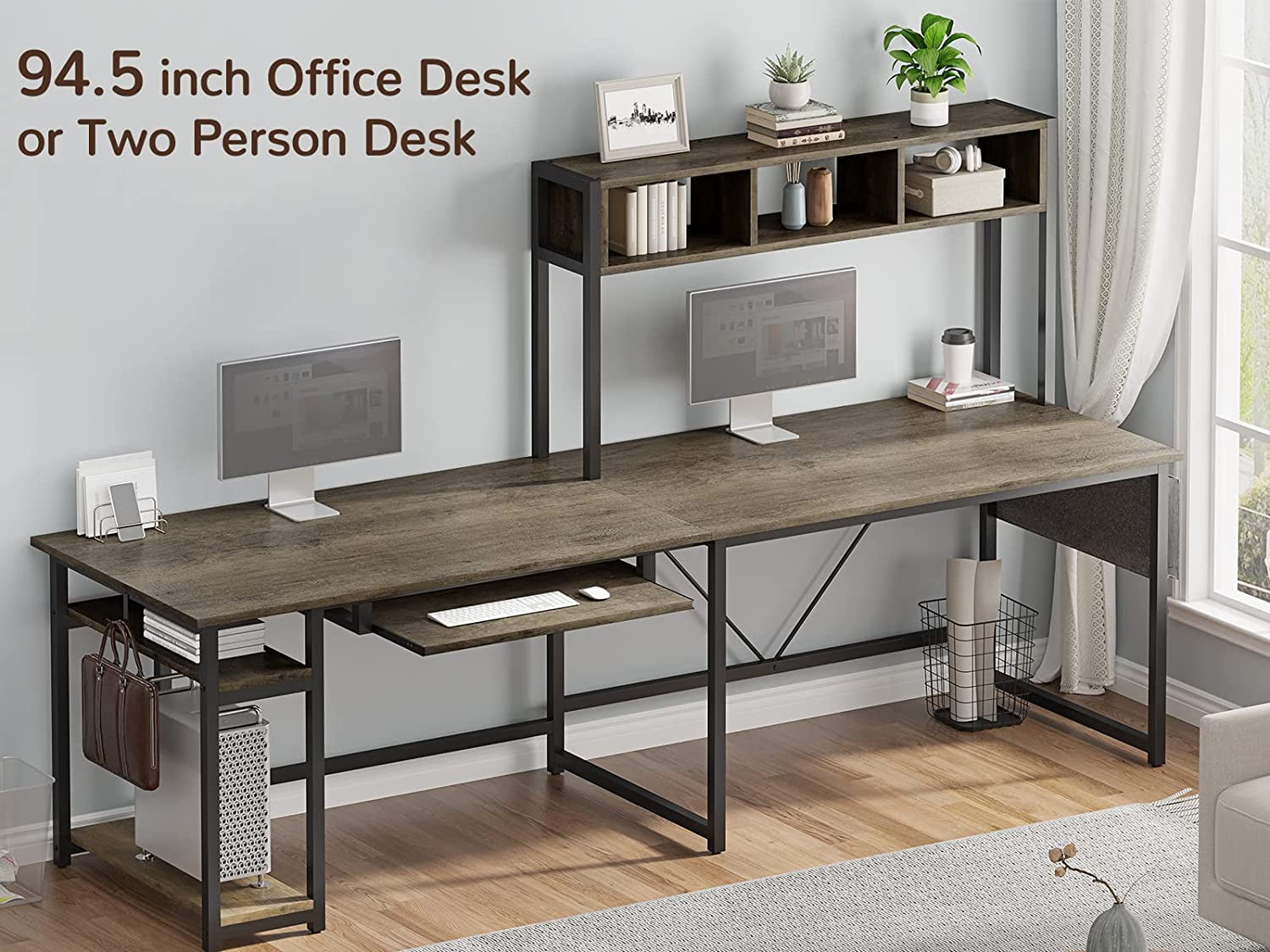 94.5 Home Office Desks, Computer Gaming Desk with Storage, LED Lights,  Power Strip with USB, Keyboard Tray & Monitor Stand, Extra Long Double Desk  for 2 Person, Rustic Brown 