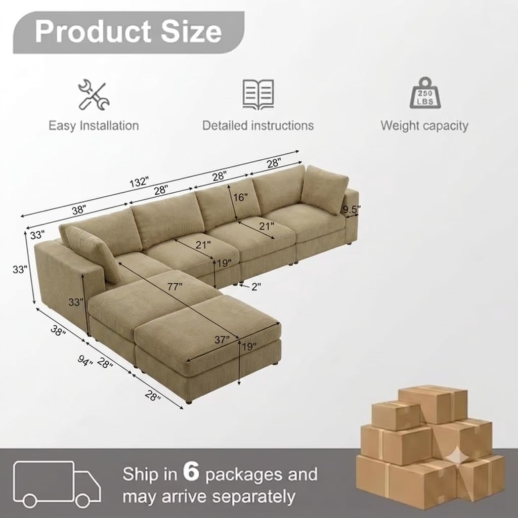Howcool Cloud Couch Modular Sectional Sofa 6 Seat 132" L Shaped Reversible Convertible Couch, Corduroy Thick Cushion with Movable Ottomans, Washable Removable Cover for Living Room,Camel