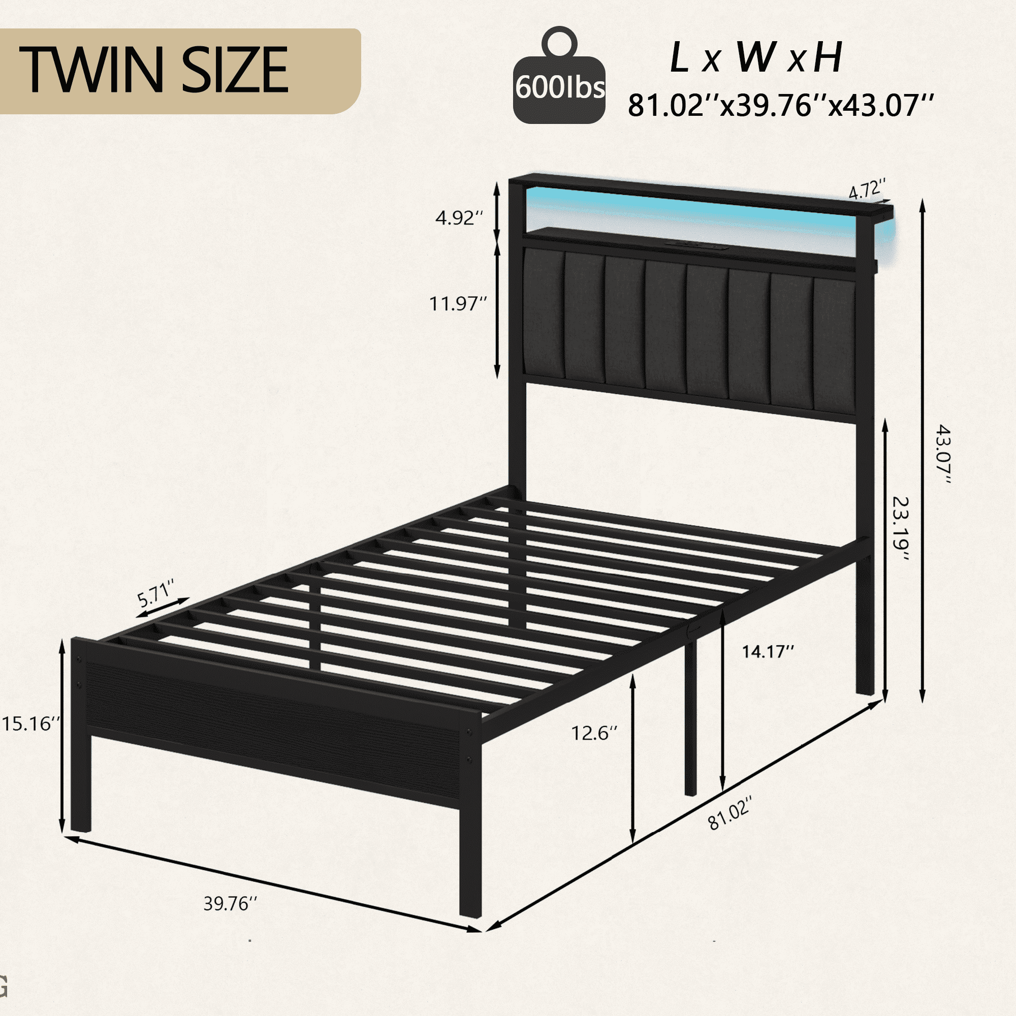 Tydimor Twin Size Platforrm Bed Frame with Charging Station, LED Standard Storage Space Bed for Bedroom, No Box Spring Needed