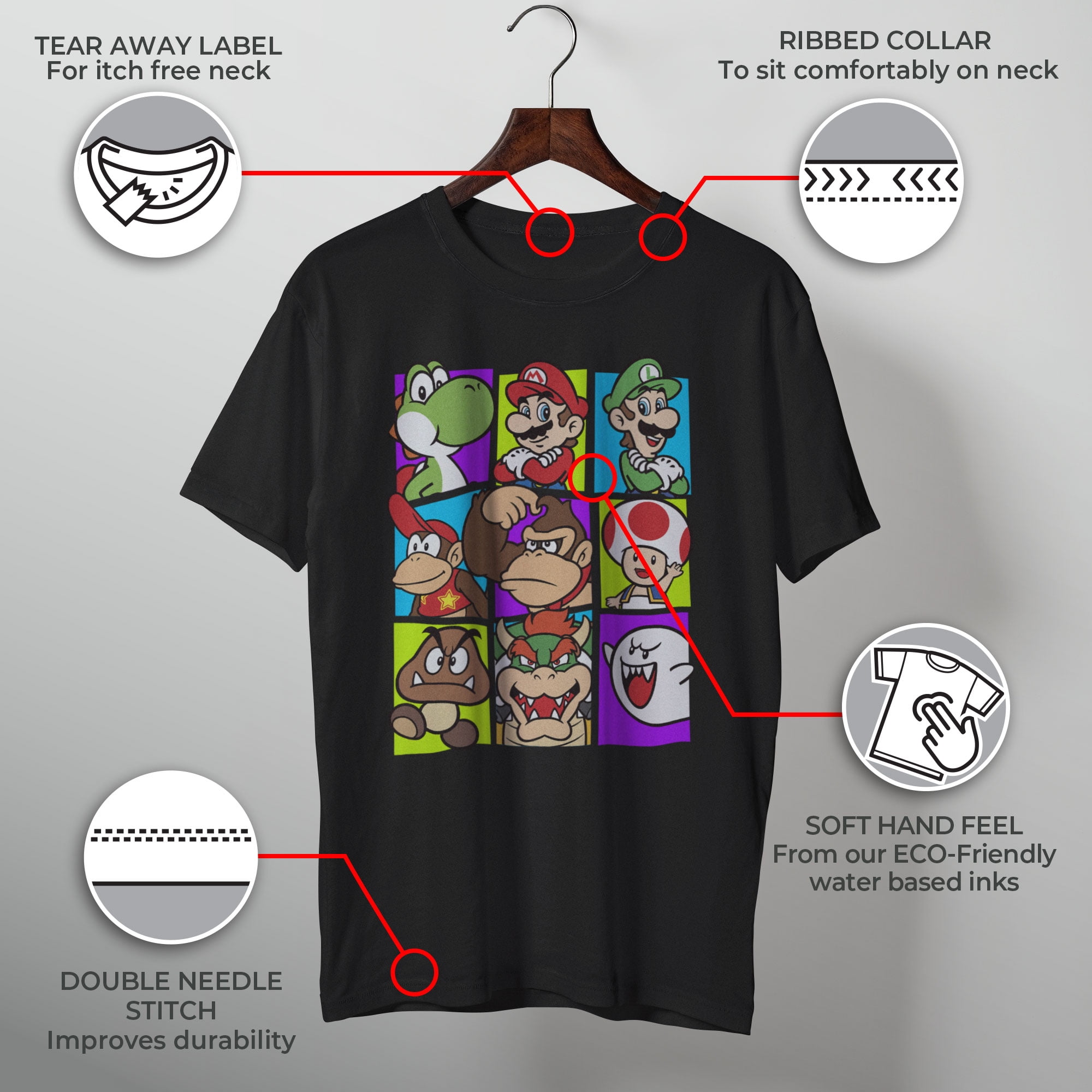 Nintendo Mens Mario Cast T-Shirt Black Graphic Tee with Video Game