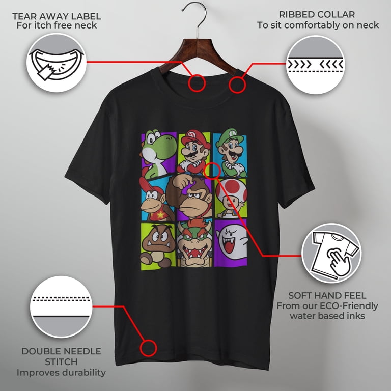 Nintendo Men's Super Mario Bros Graphic Tee, Black, Large, Cotton