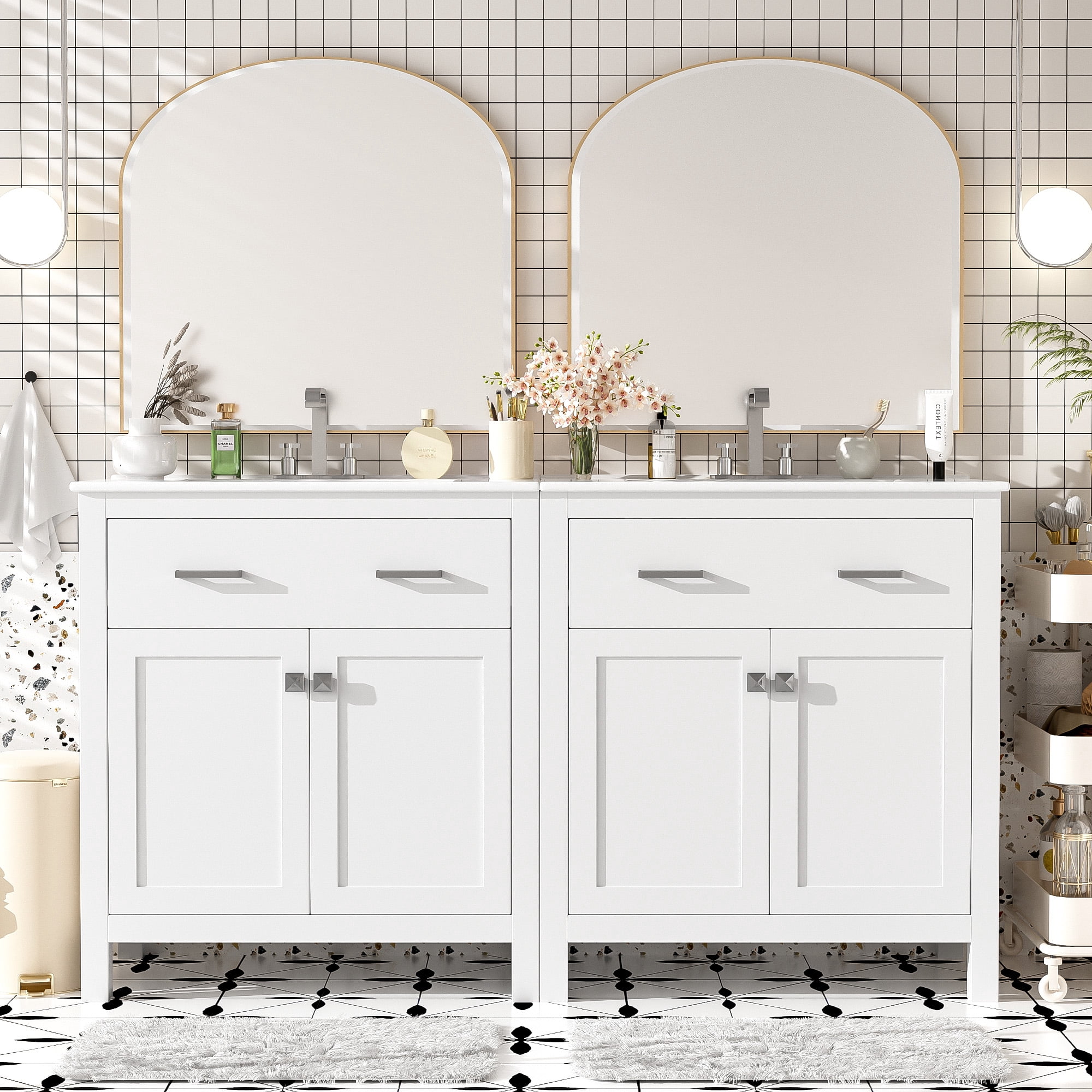 Euroco 60" Modern White Bathroom Vanity Set with Double Vanities (Separate), Double Ceramic Sinks, Adjustable Shelf, Soft Close Doors and Flip Drawer– Modern Bathroom Solution for Spacious Bathrooms