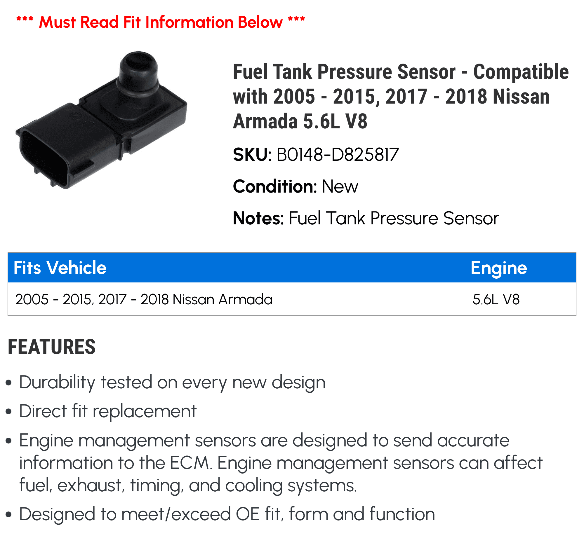 Fuel Tank Pressure Sensor Compatible with 2005 2015 2017