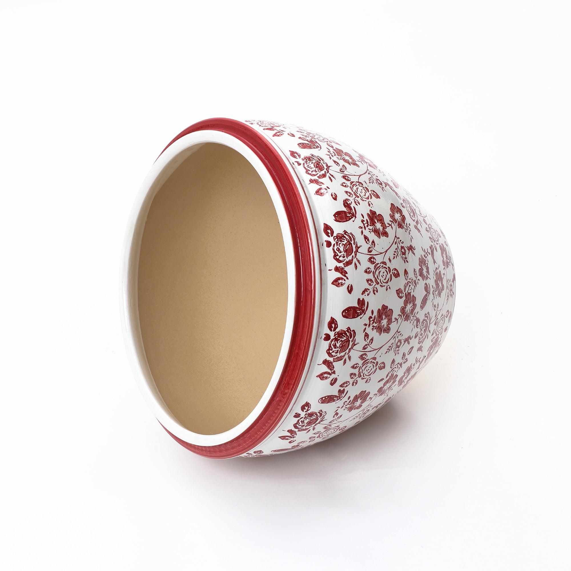 LuxenHome 11.5" Dia Red and White Round Planter Pot, Large Ceramic Flower Pot with Drainage