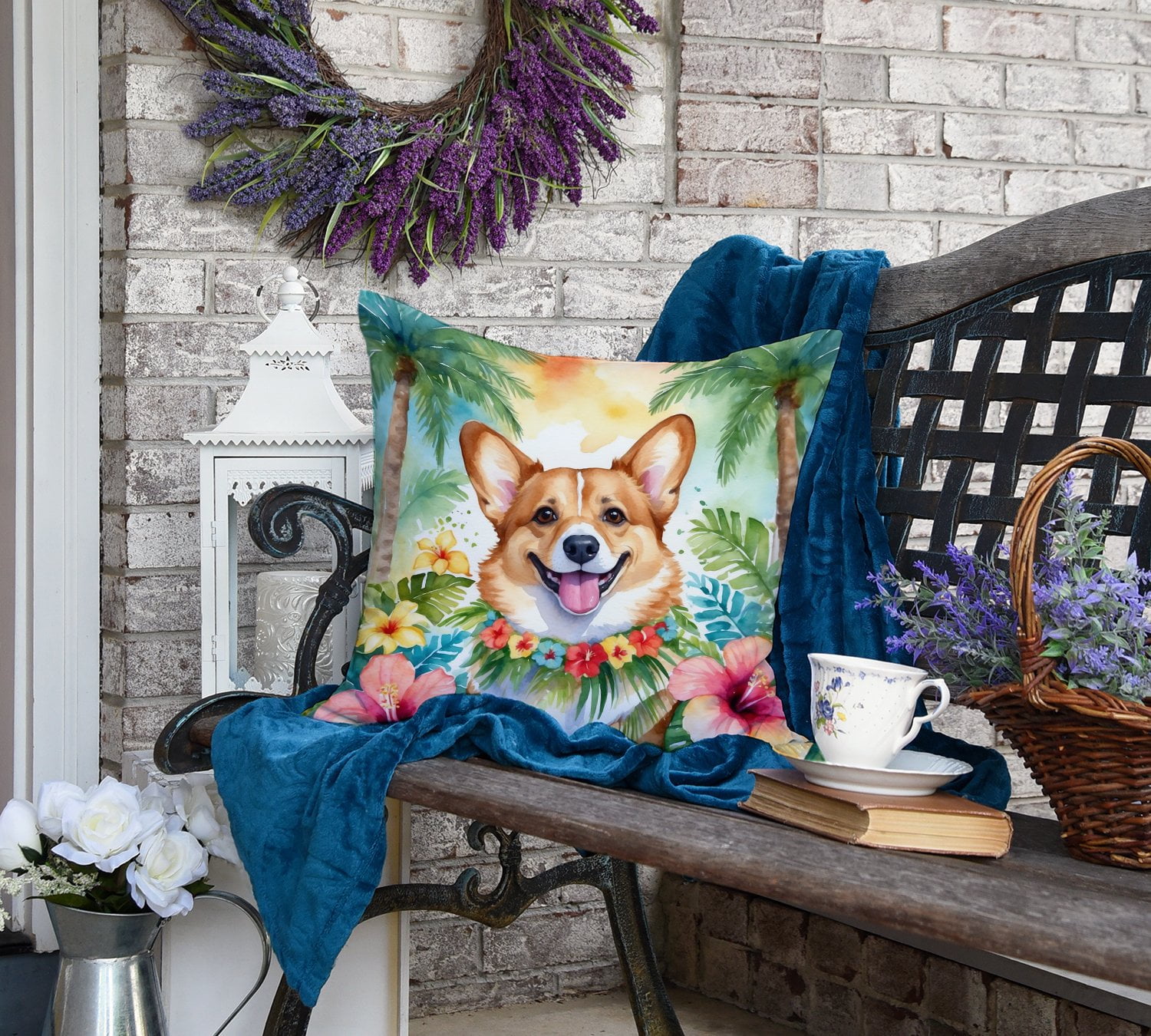 Corgi Luau Throw Pillow 18 in x 18 in