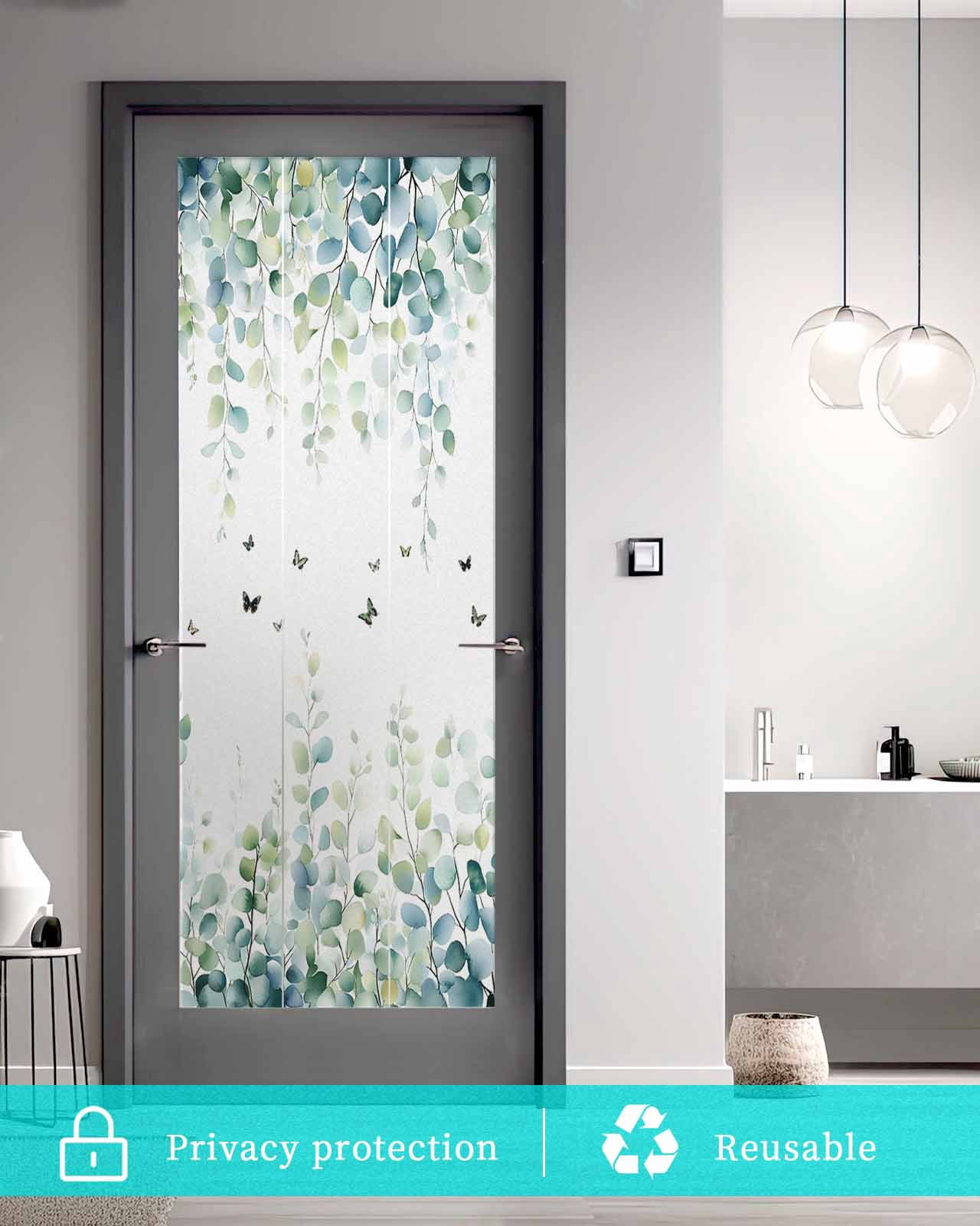 Window Privacy Film Blue Green Eucalyptus Stained Glass Window Film Decorative Sun Block Window Cover Sage Gradient Leaves Butterfly Window Clings Static Adhesive Sticker for Bathroom 35.4"x78.7"