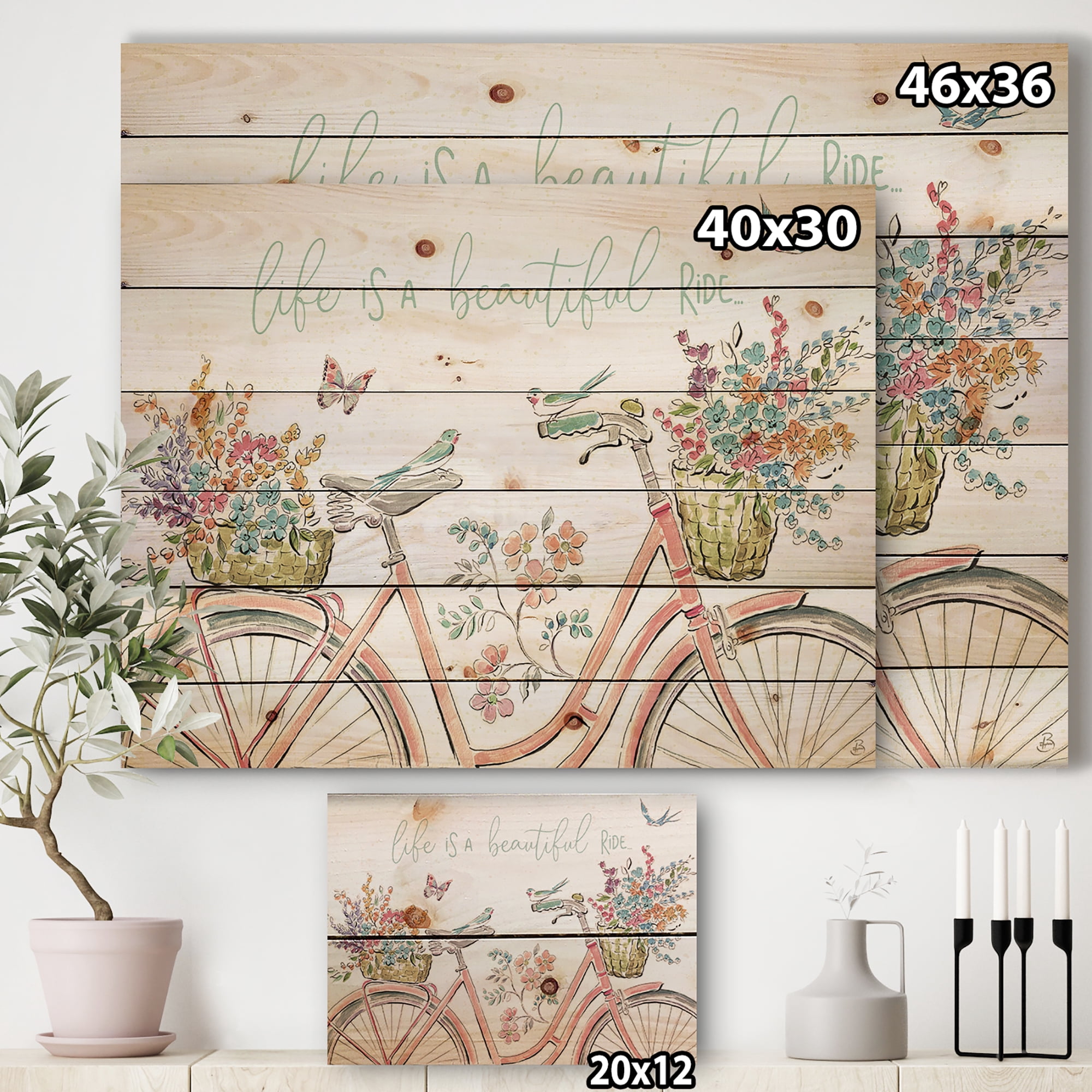 Designart 'Spring Bike Bouquet' French Country Print on Natural Pine Wood