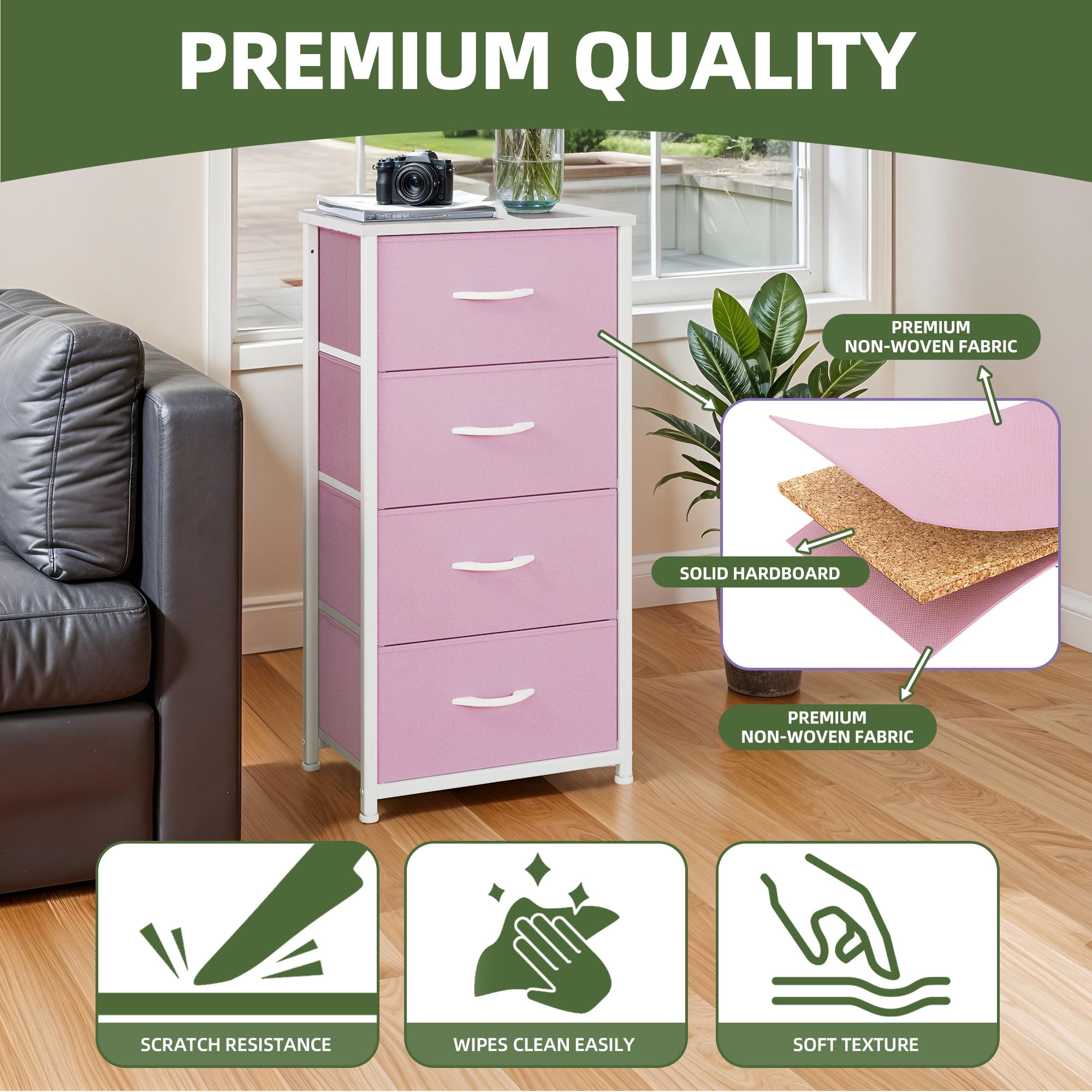 Uforic 4 Drawer Dresser Fabric Chest of Drawers Furniture Storage Organizer for Living Room,,Hallway, Pink