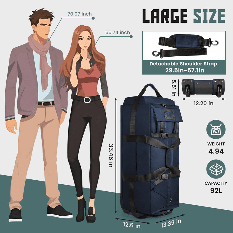 CshidWorld 34-Inch Foldable Rolling Duffle Bag, 90L Water-Resistant Multi-Use Travel Bag with Wheels, Shoulder Straps & Hidden Backpack Straps for Travel, Weekend, Camping, Gym, Blue