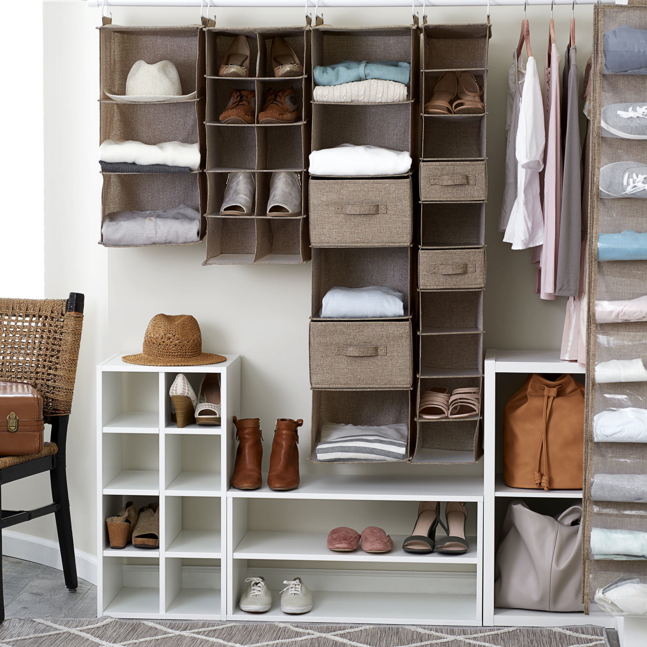 Household Essentials 10 Shelf Hanging Closet Organizer, Wide Hanging Shelf with Hooks, Fabric and PEVA Shelving