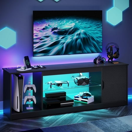 Bestier LED TV Stand for TVs up to 65", Entertainment Center with Power Outlet & Storage Cabinet, Carbon Fiber