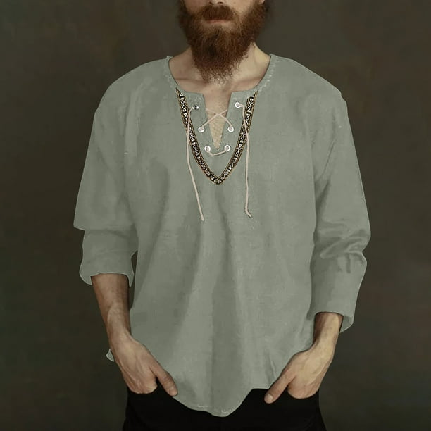 Blusas y camisas de manga larga con cuello en V para hombre, blusas casuales de moda con cordón y cuello en V de manga larga, blusas para hombre