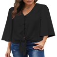 thumbnail image 4 of CHOK Women‘s Button Down V Neck Tops Ruffled 3/4 Sleeve Tie Knot Front Blouses White Sizes S-2XL, 4 of 8