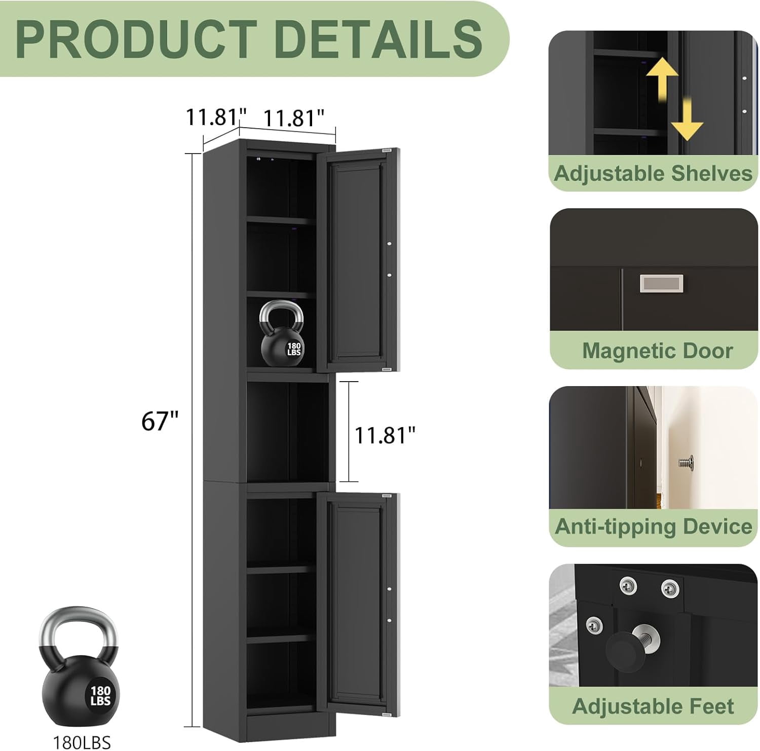 Ero 67" Metal Storage Cabinet with Lock, Tall Narrow Office File Cabinets with 2 Doors & 4 Adjustable Shelves