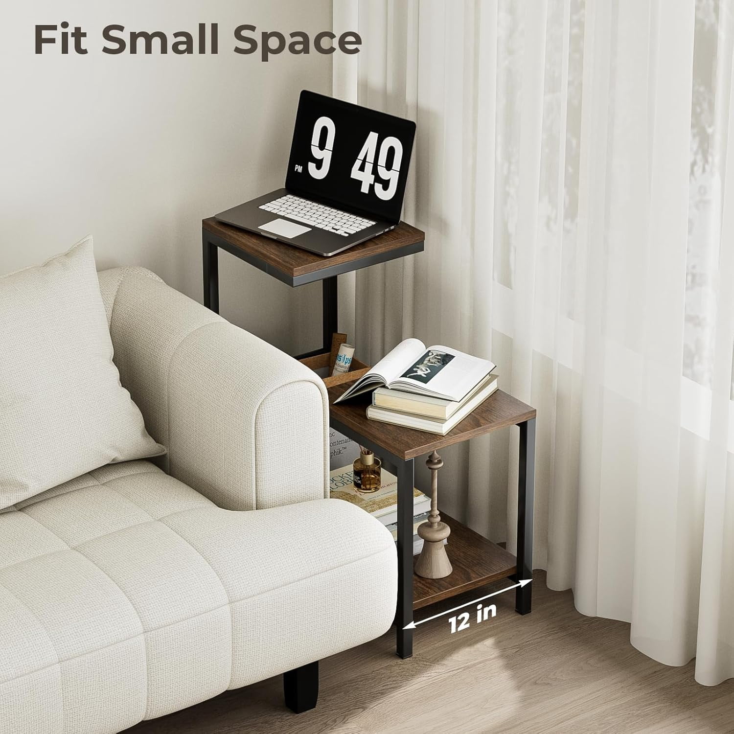 Corner Table G-Shaped End Table Small Side Table for Living Room, Bedside Table with Storage Shelf, Corner Tables for Small Spaces, Balcony, Couch, Bedroom, Rustic Brown