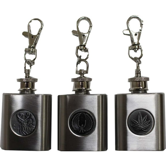 HELIOS (12 Pack) 1 oz Mini Flasks with Key Rings | Various Emblematic Designs | Stainless Steel | Portable & Leak-Proof