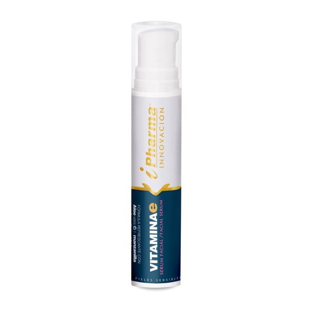 vitamina e serum facial 15 ml Ipharma frasco cilíndrico con dispensador; vista frontal centrada, tapa transparente, etiqueta blanca y azul marino con marca vertical dorada y texto 'VITAMINA E', indica 15 ml, suero facial sobre fondo blanco.