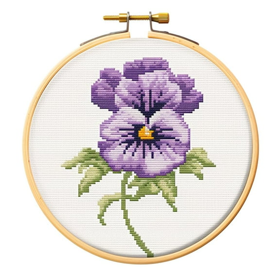 Cartoon Simple Pansy Flower 11CT Stamped Cross Stitch Kits Easy for Beginners Child with Hoop DIY Needlepoint Counted Embroidery Kits Art Craft Wall Decor 12x12IN(2)