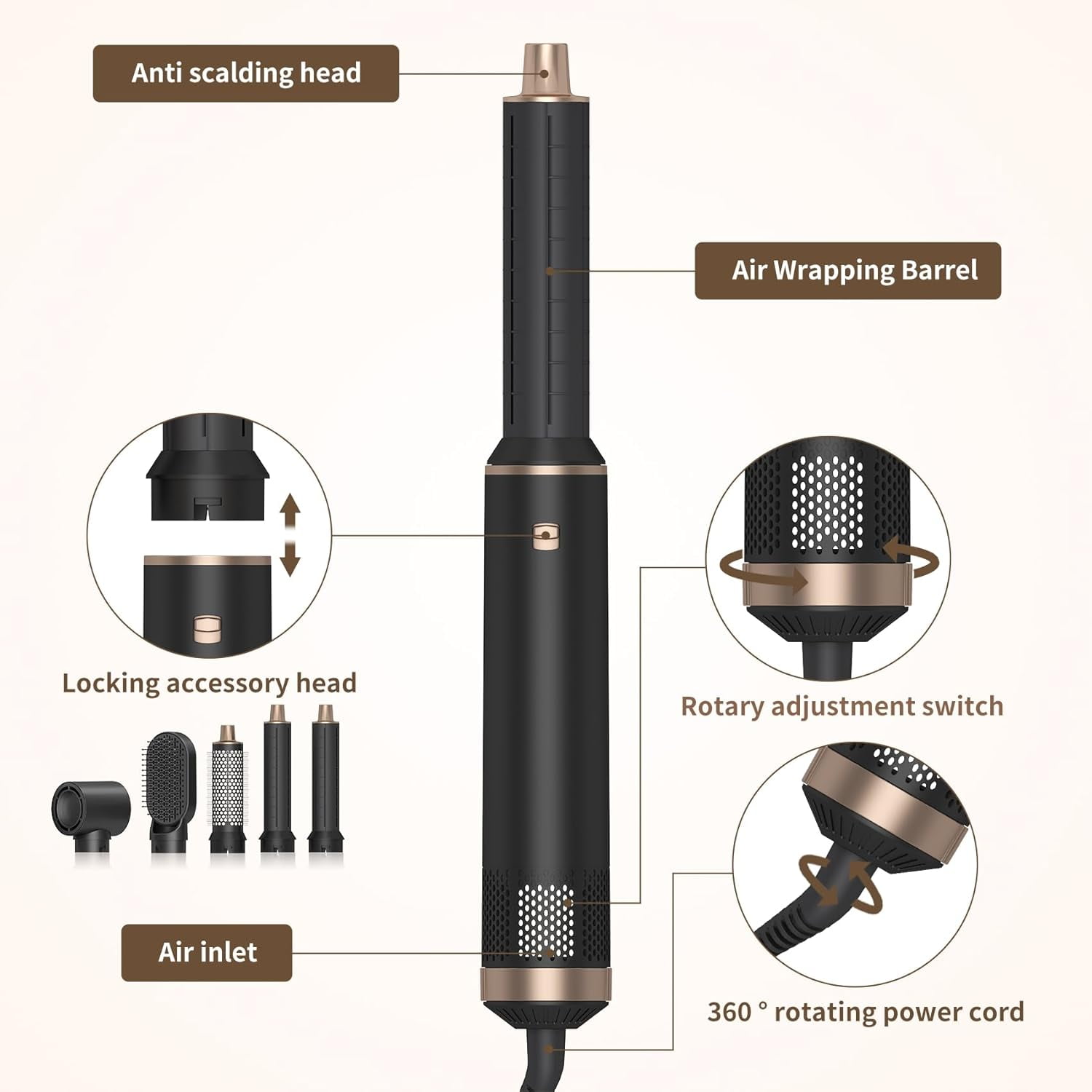 5 in 1 Hair Dryer Brush Hot Air Curling Brush Negative Ion Air Styler，Multi Function Blow Dryer Brush with Curling Wand, Straightening Brush, and Volumizing Hot Air Brush for All Hair Types