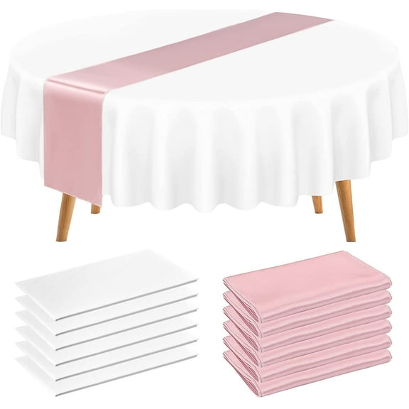 6 Pack Round Plastic Tablecloth 84" White Disposable Table Covers Waterproof Circle Party Table Cloths for Round Tables and 6 Pack 12"x108" Rose Gold Satin Table Runners for Parties Birthday Picnic
