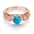 thumbnail image 3 of Gem Stone King 18K Rose Gold Plated Silver Simulated Blue Opal and White Moissanite Halo Ring for Women | 0.93 Cttw | Heart Shape 6MM | Gemstone October Birthstone | Size 6, 3 of 6