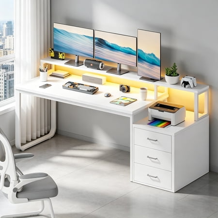 4 Ever Winner 67" Computer Desk with LED Light, White Desk with Drawers, Gaming Desk with Monitor Stand, Writing Desk with Printer Space for Office, White