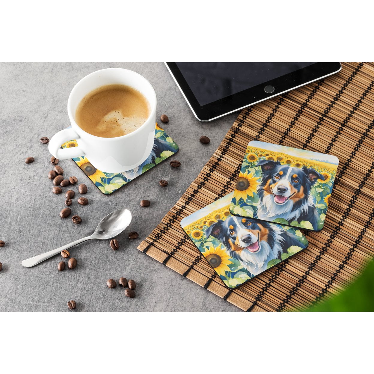 Border Collie in Sunflowers Foam Coasters 3.5 in x 3.5 in