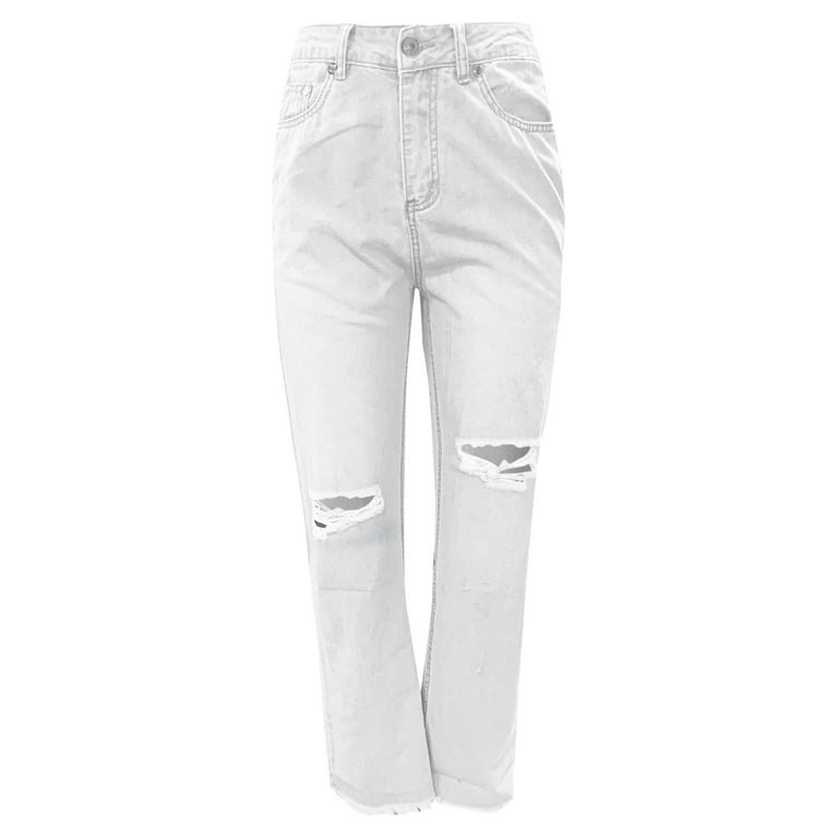 Womens White Loose Casual Ripped Denim Jeans