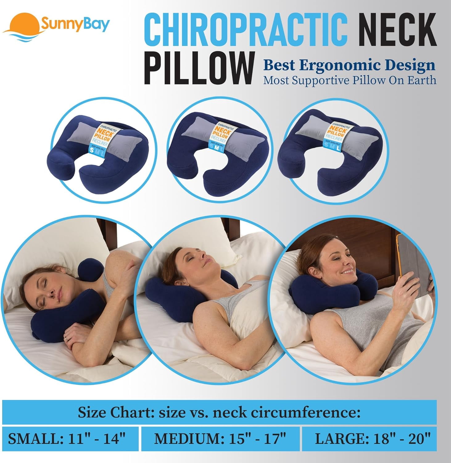Sunshine Pillows Ergonomic Travel Neck Pillow, Cervical Neck Support, Airplan Bus Train Recliner Sofa Chair Cushion, Navy Blue, Large