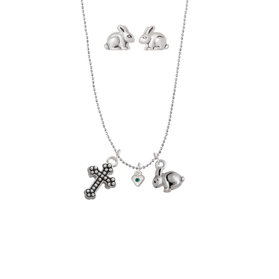 Silvertone Mini December - Teal Crystal Heart Silver Tone Cross and Bunny Necklace and Earrings Set