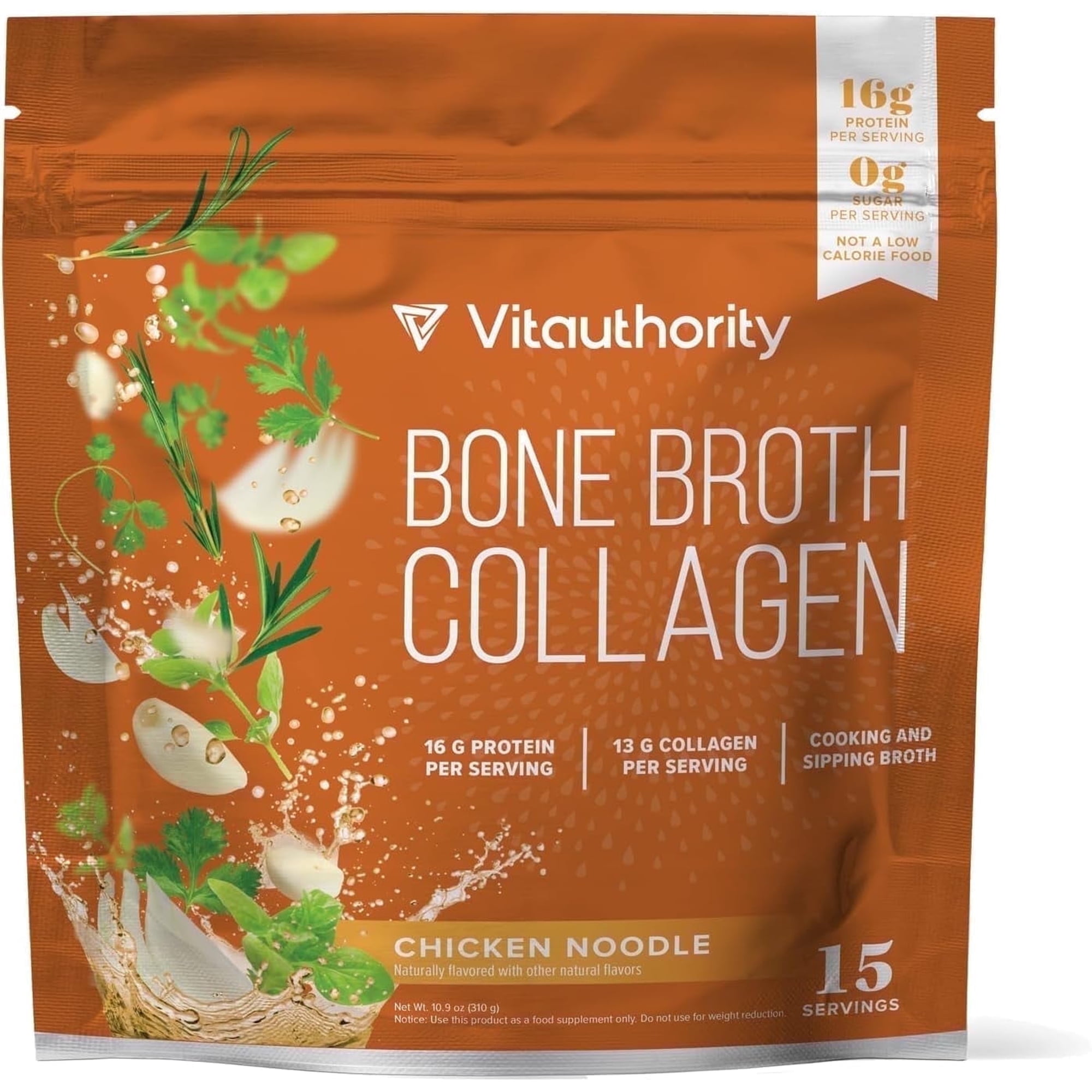 Vitauthority Bone Broth Collagen Protein Powder, 16g Protein Supplement, Chicken Noodle, 15 Servings