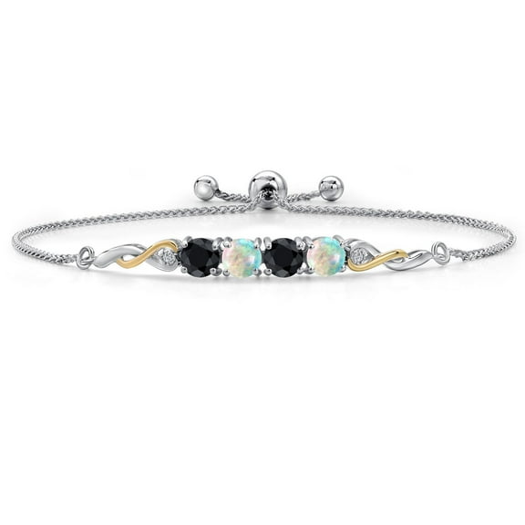925 Silver and 10K Yellow Gold Black Sapphire and Simulated White Opal and White Lab Grown Diamond Bracelet for Women | 2.40 Cttw | Gemstone September Birthstone | Round 5MM | Fully Adjustable 9 inch