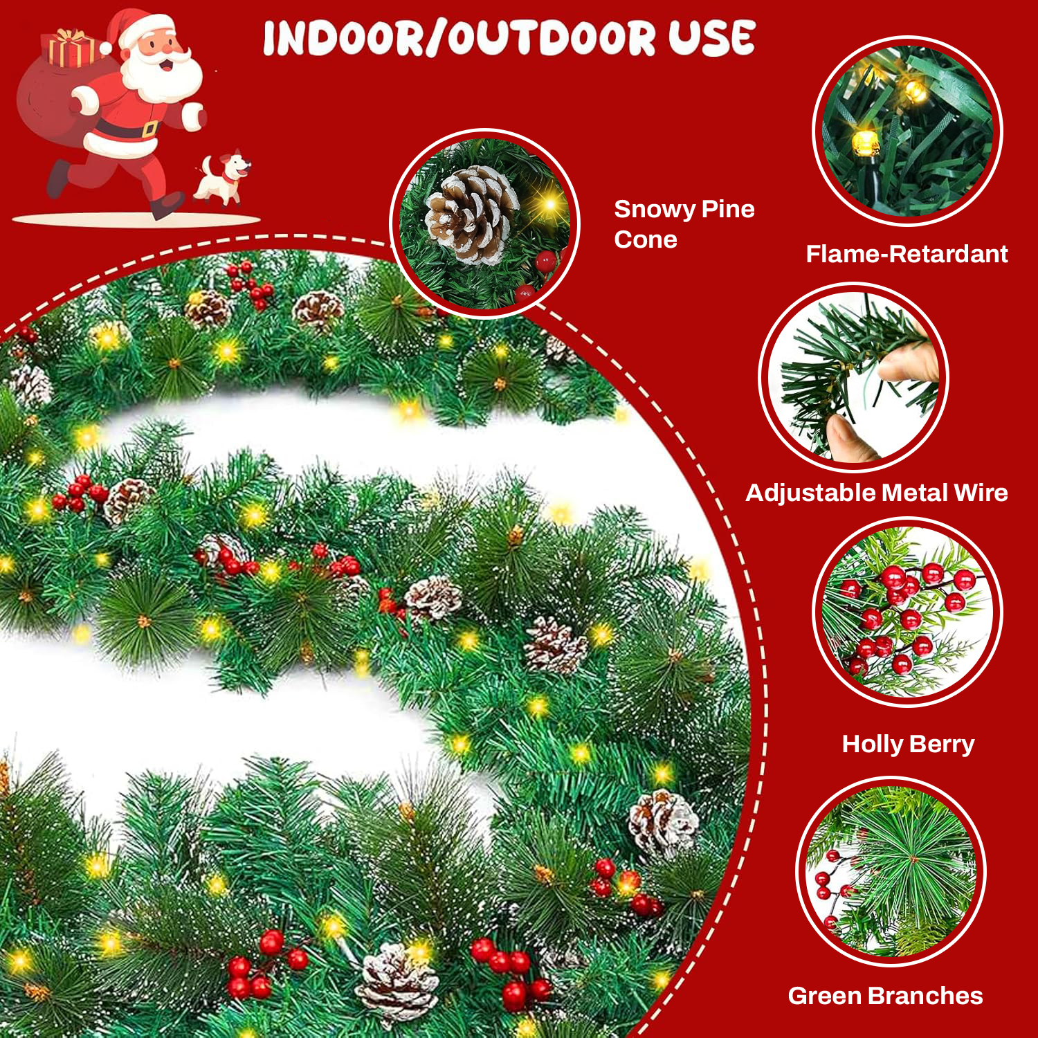 BN-LINK 9Ft Christmas Garland with 8 Lighting Modes, Battery Operated Garland with Pine Cones Red Berries, 50 LED Lights & 240 Branch Tips, Christmas Decor for Indoor Outdoor Home