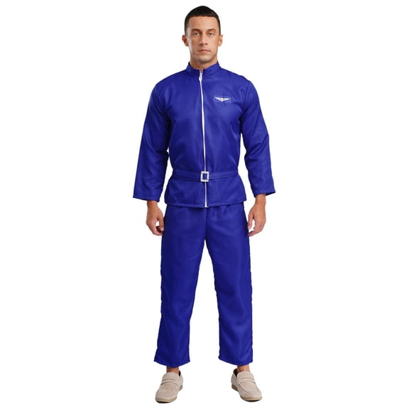 iiniim Mens 3Pcs Astronaut Costume Space Man Flight Suit Zipper Front Shirt Tops with Belt Pants Set Type B Blue XL/190