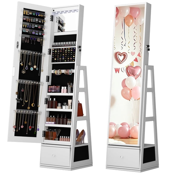 5 in 1 Standing Jewelry Armoire with LED Lights, 360° Swivel Jewelry Cabinet Organizer with Drawer & Full Length Mirror, White