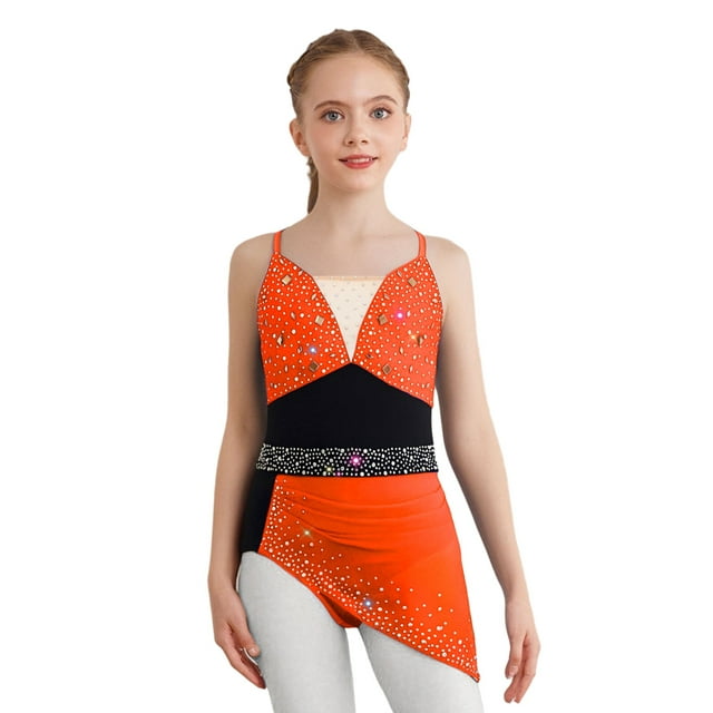 CHICTRY Robe de Patinage Artistique pour Filles, Bretelles Spaghetti, Jupe de Ballet, Orange Fluorescent 8