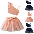 thumbnail image 5 of Odeerbi 3-8 Years Kids Girls Summer Outfits Rib Knit One Shoulder Cropped Tops with Sparkly Tulle Skirt Two-piece Set Ruffled Lace Bow Princess Skirt Kids Girls Clothes, 5 of 5
