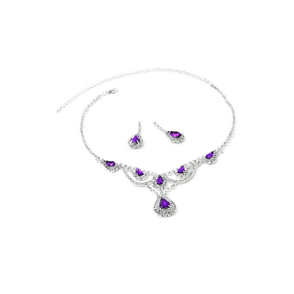 Silver Crystal Rhinestone with Large Amethyst Teardrop Centerpiece Necklace and Matching Dangle Earrings Jewelry Set