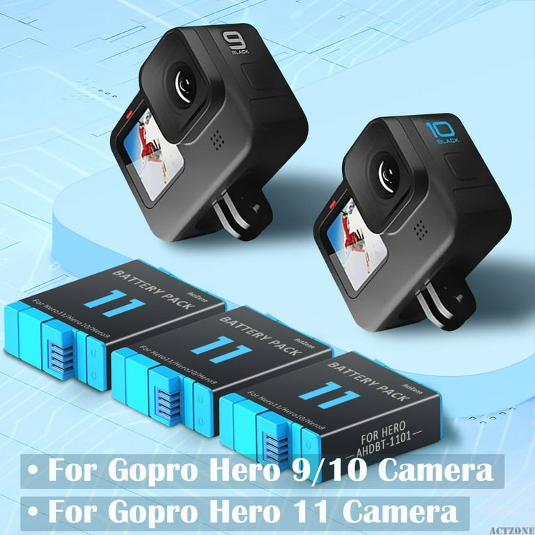 AuyKoo Batterie résistante pour Gopro Hero 11 / Hero 10 / Hero 9 3 Batterie  rechargeable + Chargeur à triple canaux pour Go Pro Hero 11Black Nouveau,  1750 mAh et fente TF