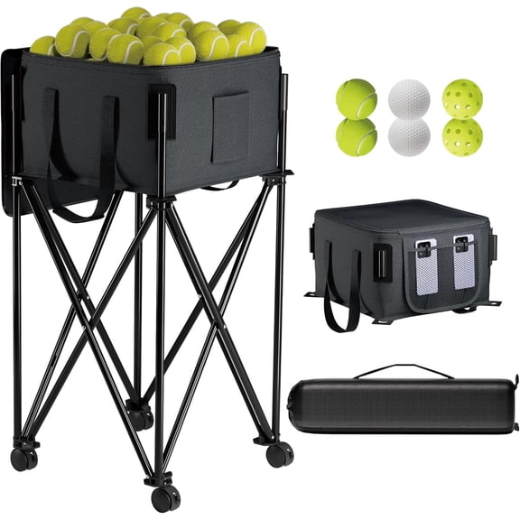 Tennis Ball Hopper for 200 Balls, Tennis Ball Basket with Removable Storage Bag, Wheeled Tennis Ball Cart for Serve Training, Portable Pickleball Baseball Hopper Basket