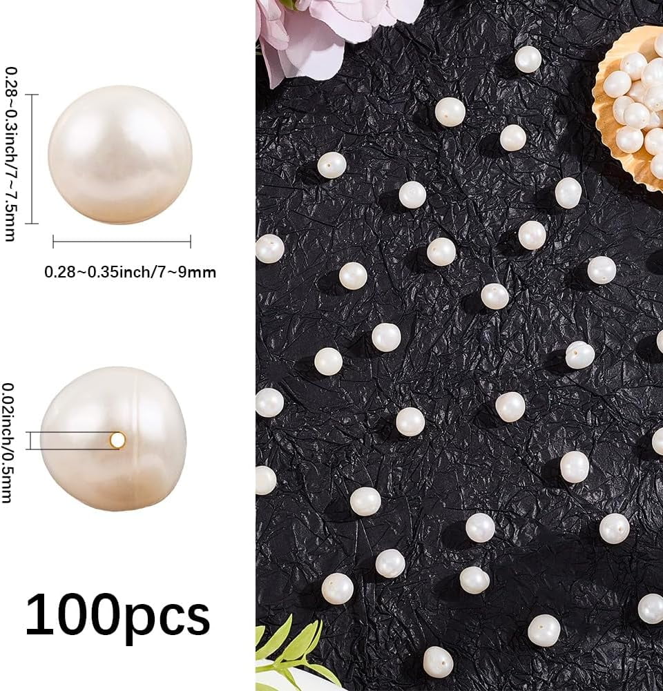 1 Box 100PCS Beige Freshwater Round Shape Pearl Beads with Holes Genuine Real Summer Natural Cultured Spacer Loose Pearls Bead Bulk for Jewelry Making Bracelets Necklaces DIY Craft Supply