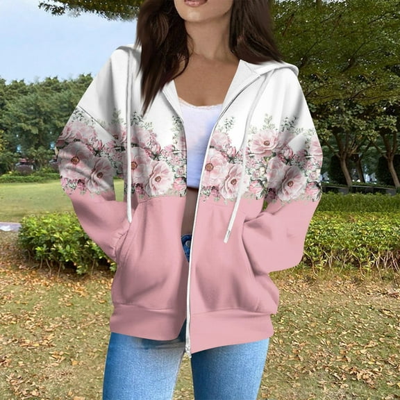HOMBOM Womens Winter Sweatshirt Hooded Zip-Up Floral Long Sleeve with Pocket Jackets for Women