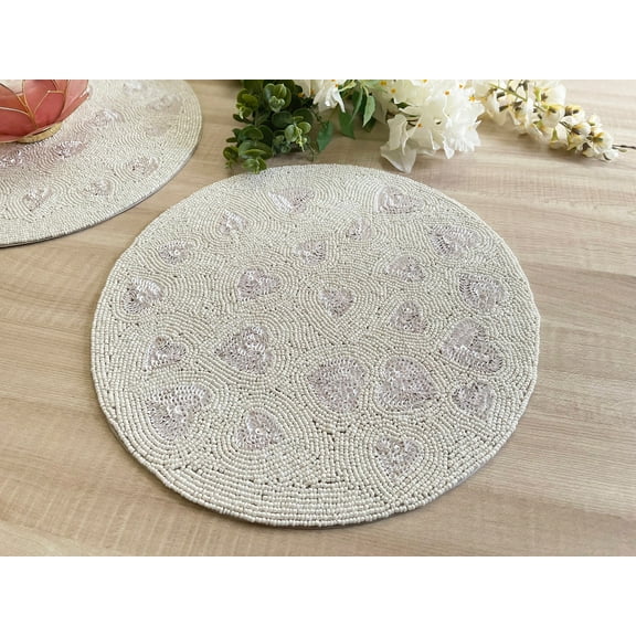 Set of 6, Handmade beaded placemat, Valentine's special tablemat, white bead and sequin charger
