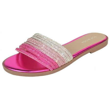 Top Moda Shoes Women Formal / Casual Flip Flops Sandals Bling Rhinestone Slides Multi Straps GRAND-56 Hot Pink Fuchsia Metallic 9