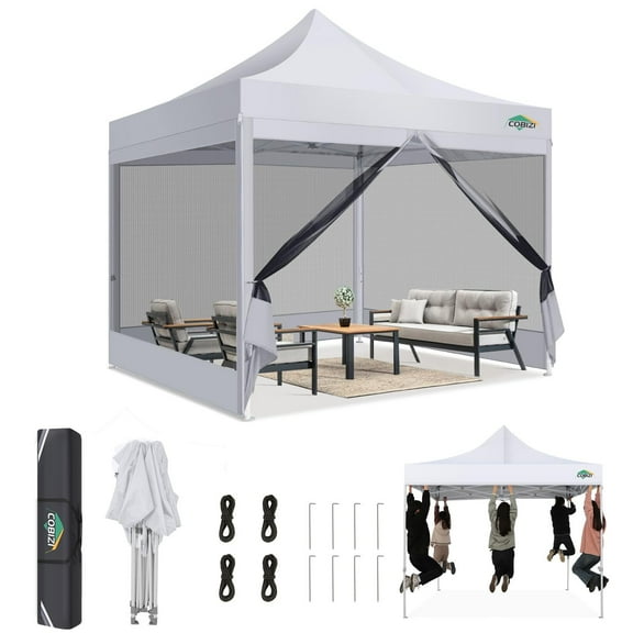 COBIZI 10x10 Canopy Tent, Heavy Duty Pop up Canopy with Sidewalls, Waterproof Easy Setup Canopy with Mosquito Netting, Outdoor Instant Screen Tents for Parties, Backyard with Carry Bag,White