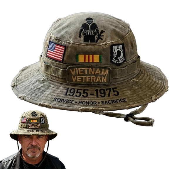 Vietnam Veteran Tribute Boonie Hat, Patriotic Military Bucket Hat Outdoor Sun Hats for Men Veterans Day Gift Military Boonie Hat, Honor Courage Commitment Wide Brim Sun Hat with Chin Strap Hiking