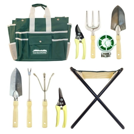 GardenHOME 10 Piece Garden Tool Set with Folding Stool and Heavy Duty Steel Tools included 2 pruning shears and a 20-meter plant twist tie are