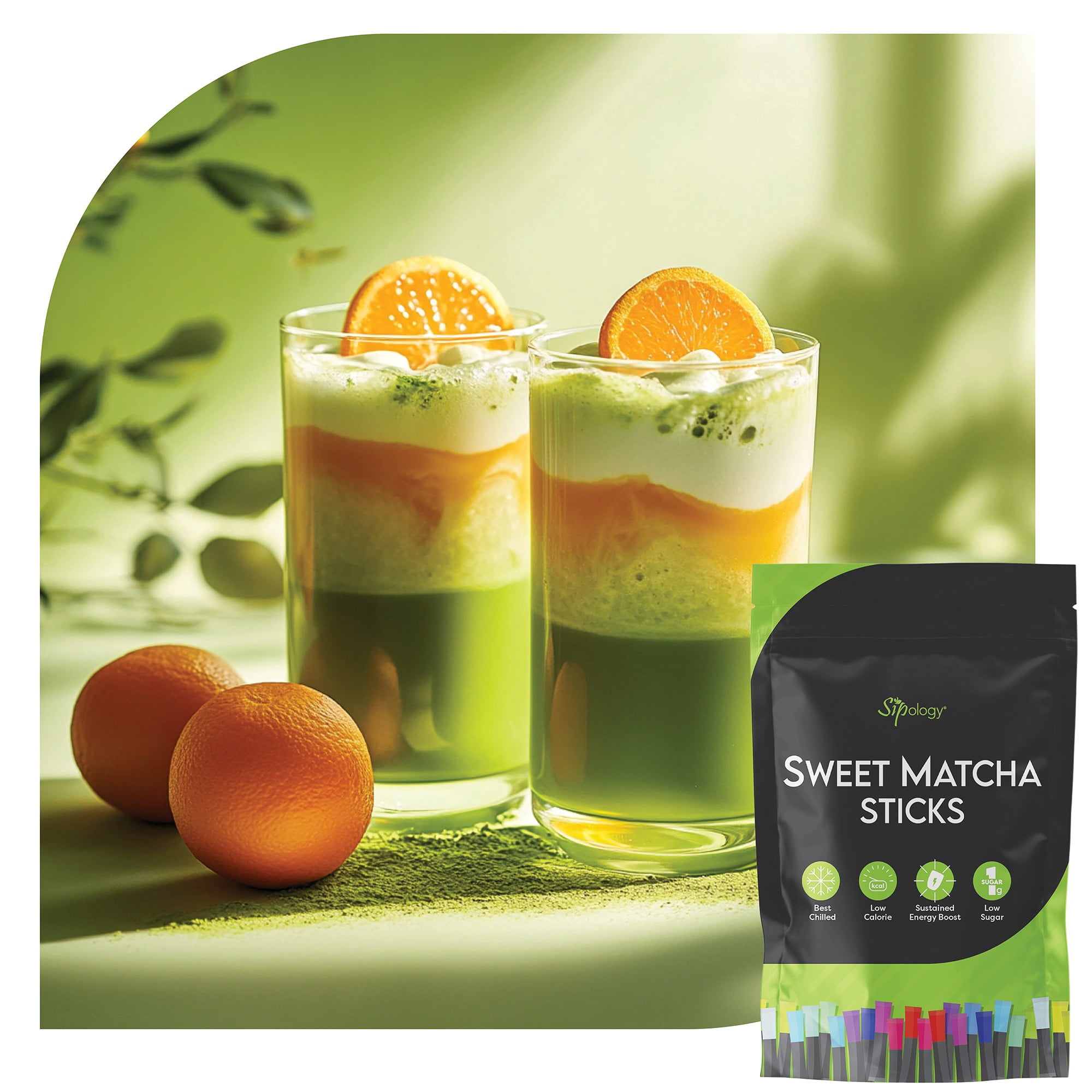 Sipology: Sweet Matcha - Orange Creamsicle - 10 Stick Pack, Powder Drink Mix, Hot Or Cold, Japanese Matcha, Low Sugar & Stevia Sweetened, Energy Boost