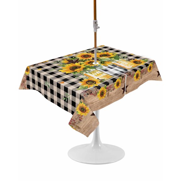 Outdoor Table Cloth with Umbrella Hole and Zipper, Sunflower Waterproof Rectangle Tablecloth 54"x80", Black White Plaid Farmhouse Stars Washable Table Cover for Outside Party Patio Picnic